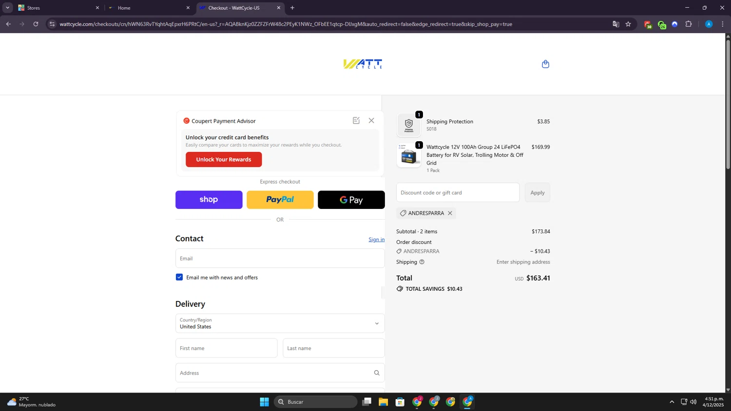 Watt Cycle discount code screenshot showing code ANDRESPARRA applied at Watt Cycle checkout page. Uploaded by SimplyCodes community member Khaiden on Dec 4, 2025