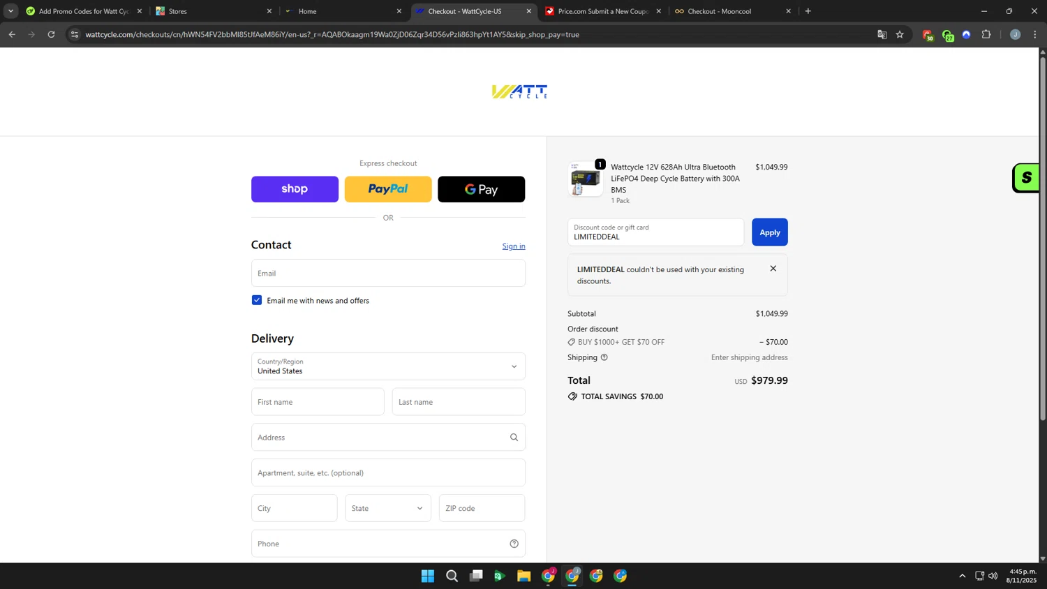 Watt Cycle discount code screenshot showing code LIMITEDDEAL applied at Watt Cycle checkout page. Uploaded by SimplyCodes community member Khaiden on Nov 8, 2025