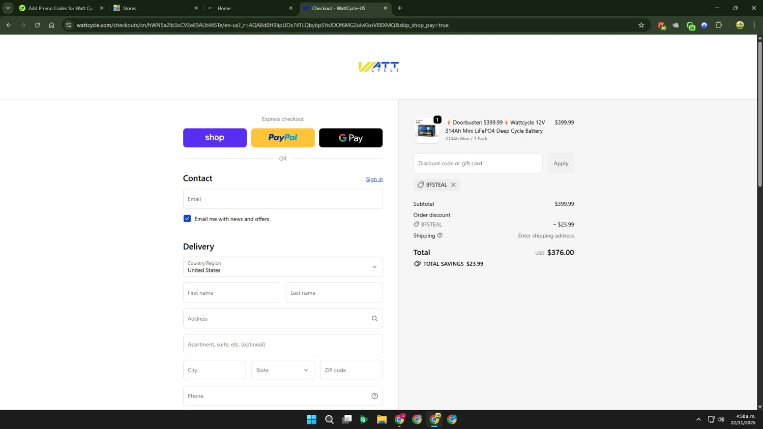 Watt Cycle discount code screenshot showing code BFSTEAL applied at Watt Cycle checkout page. Uploaded by SimplyCodes community member Leoncio on Nov 22, 2025