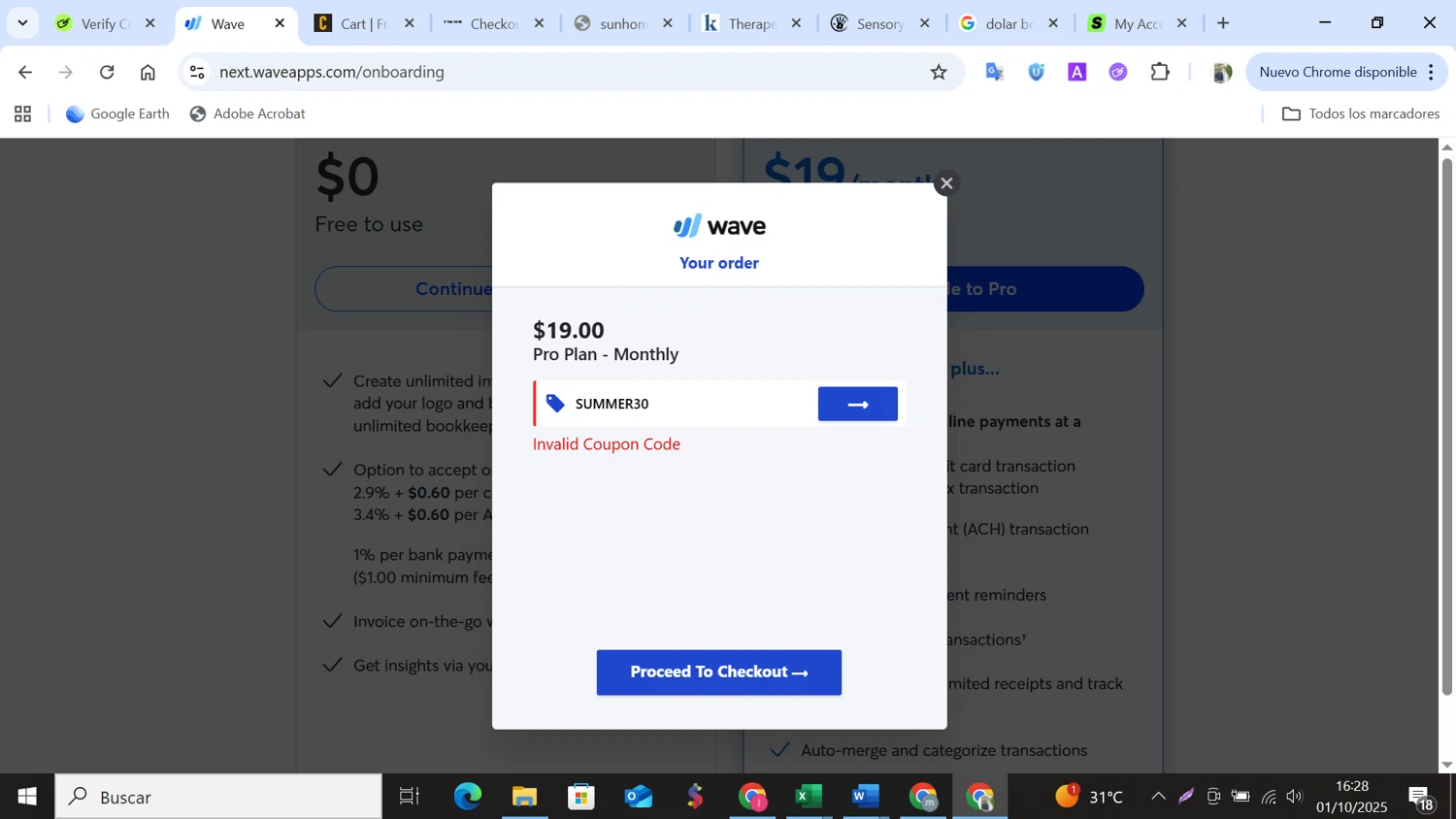 Wave Financial coupon code screenshot showing code SUMMER30 applied at Wave Financial checkout page. Uploaded by SimplyCodes community member NobleMonarch5837 on Oct 1, 2025