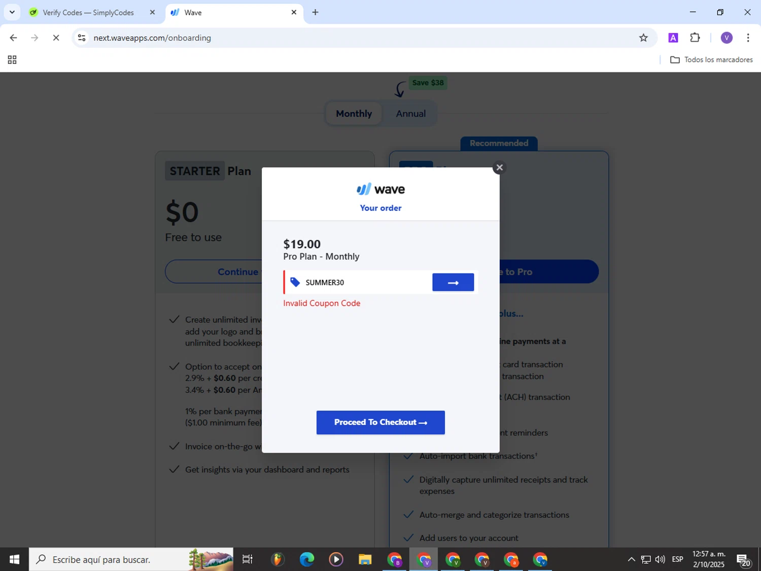 Wave Financial coupon code screenshot showing code SUMMER30 applied at Wave Financial checkout page. Uploaded by SimplyCodes community member Satoru_gojo on Oct 2, 2025