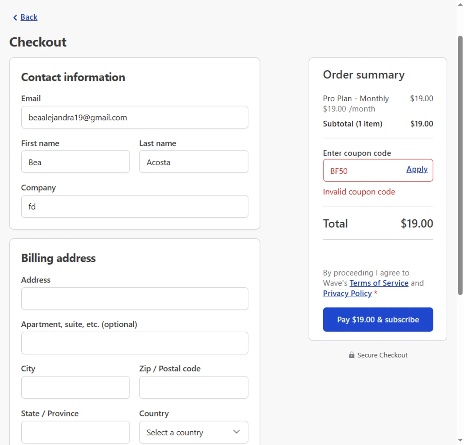 Wave Financial coupon code screenshot showing code BF50 applied at Wave Financial checkout page. Uploaded by SimplyCodes community member BeaMartinez on Dec 6, 2025