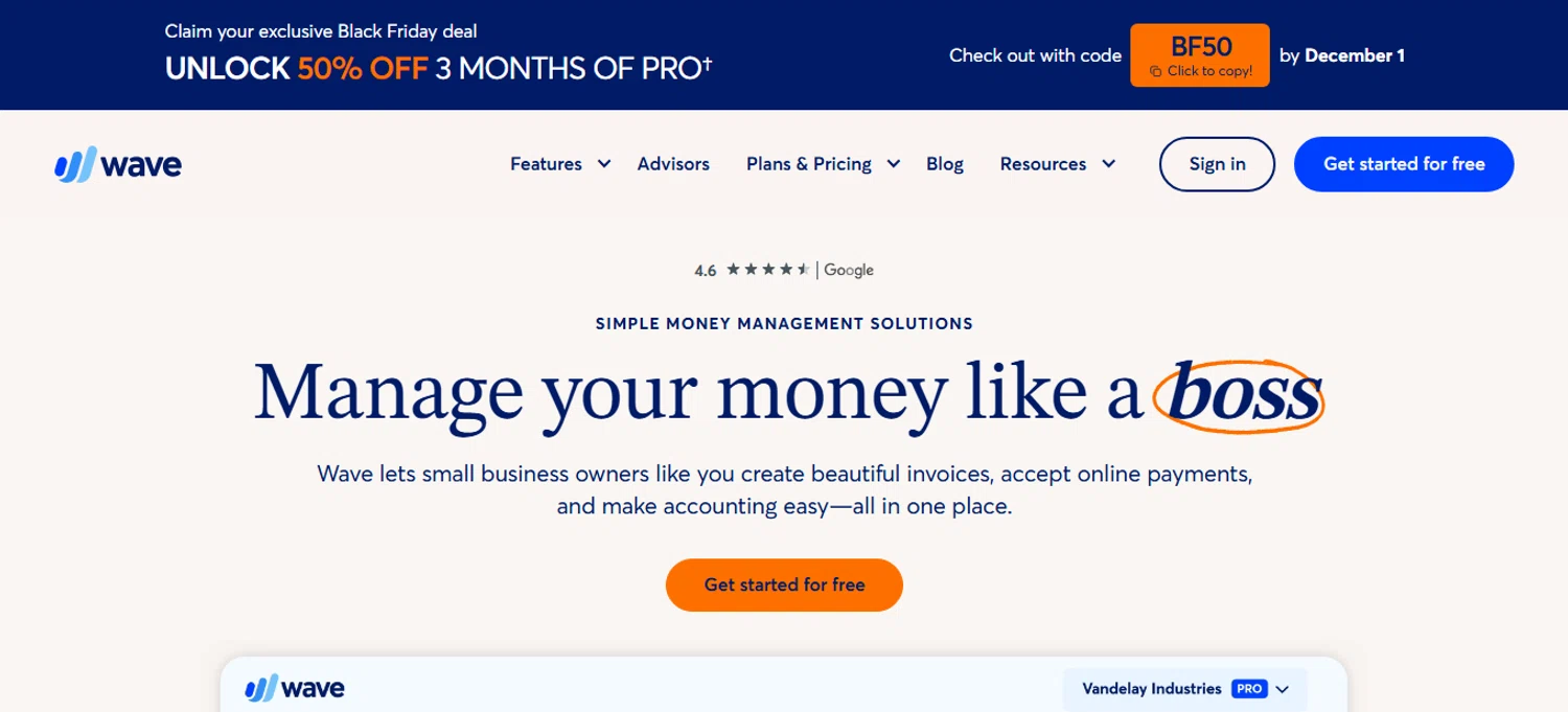 Wave Financial coupon code screenshot showing code BF50 applied at Wave Financial checkout page. Uploaded by SimplyCodes community member bettercallkim on Nov 5, 2025