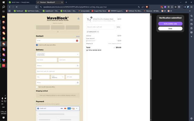 WaveBlock checkout page showing WaveBlock promo code box | Screenshot taken by SimplyCodes community member on Sep 3, 2025