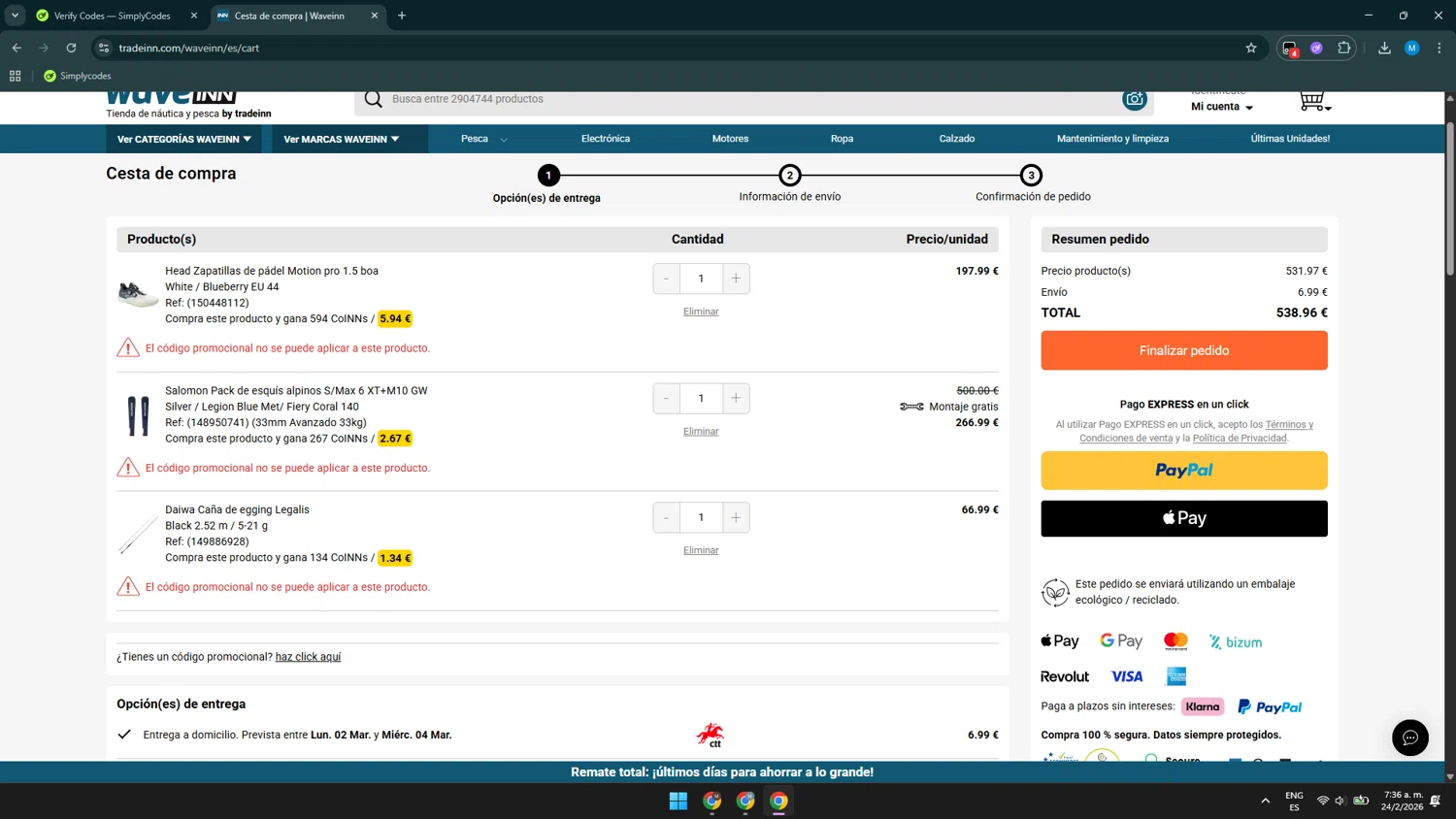 WaveINN checkout page showing WaveINN promo code box | Screenshot taken by SimplyCodes community member on Feb 24, 2026