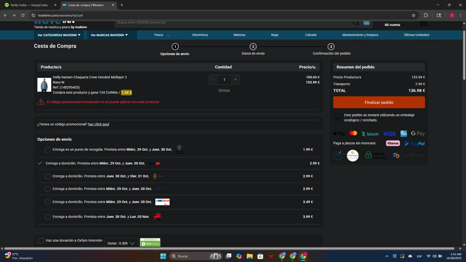 WaveINN promo code screenshot showing code TRAV15 applied at WaveINN checkout page. Uploaded by SimplyCodes community member SavingsMaven1223 on Oct 28, 2025