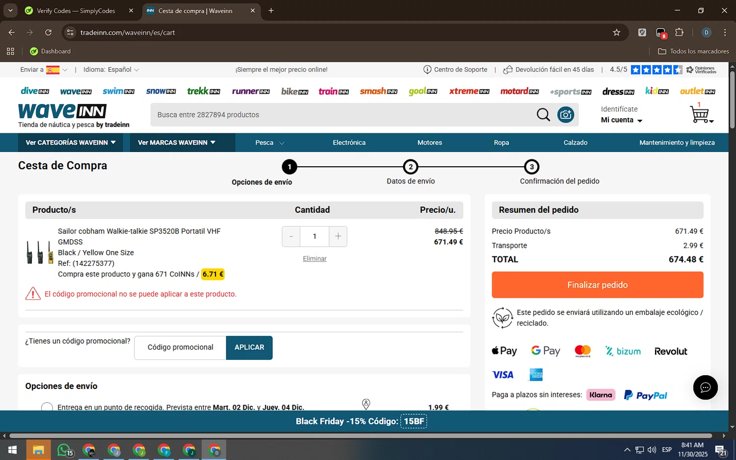 WaveINN promo code screenshot showing code R15NN applied at WaveINN checkout page. Uploaded by SimplyCodes community member Rei_Chikita_uwu on Nov 30, 2025