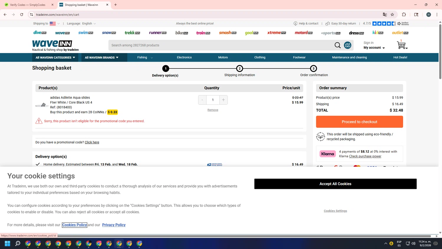 WaveINN checkout page showing WaveINN promo code box | Screenshot taken by SimplyCodes community member on Feb 9, 2026