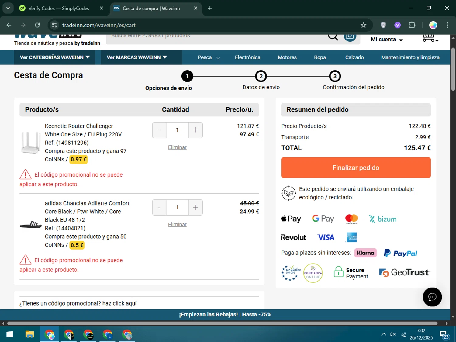 WaveINN promo code screenshot showing code 25MEG10 applied at WaveINN checkout page. Uploaded by SimplyCodes community member Estrellitacoairis on Dec 26, 2025