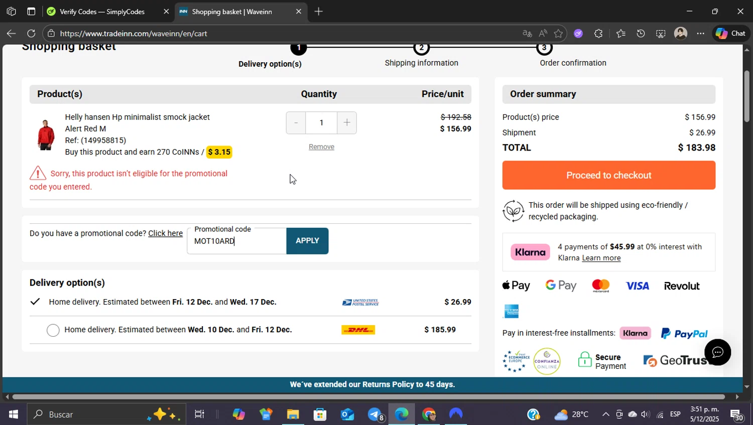 WaveINN promo code screenshot showing code MOT10ARD applied at WaveINN checkout page. Uploaded by SimplyCodes community member WonderKnight7884 on Dec 5, 2025