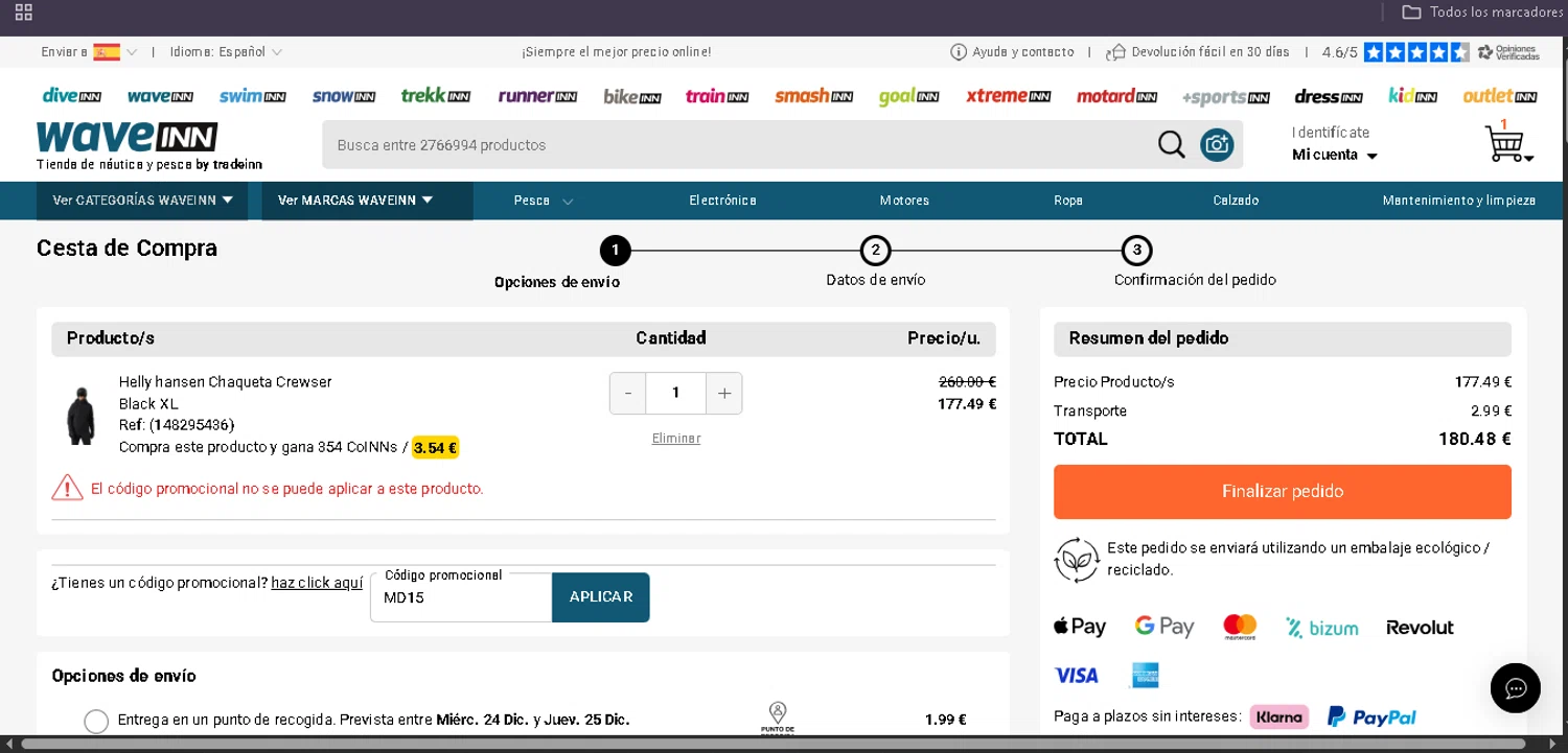 WaveINN promo code screenshot showing code MD15 applied at WaveINN checkout page. Uploaded by SimplyCodes community member Egni_149037891 on Dec 23, 2025