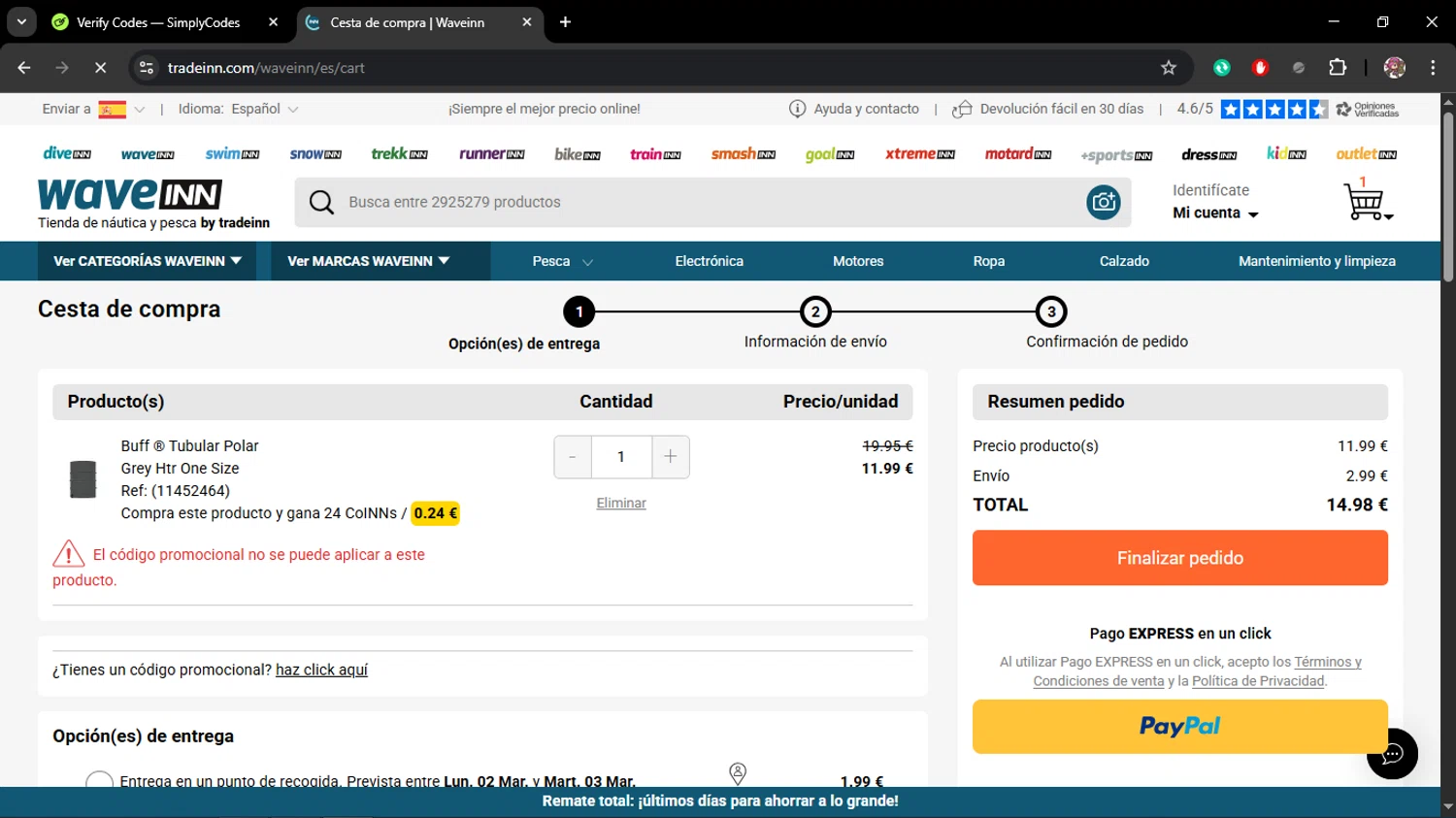 WaveINN promo code screenshot showing code BK26 applied at WaveINN checkout page. Uploaded by SimplyCodes community member Juliet on Feb 27, 2026