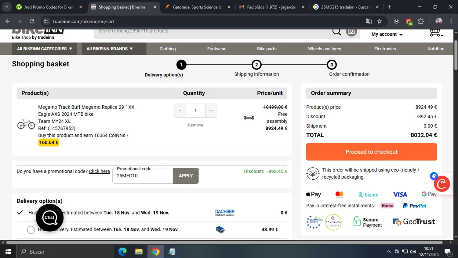 WaveINN promo code screenshot showing code 25MEG10 applied at WaveINN checkout page. Uploaded by SimplyCodes community member josegarcia6 on Nov 12, 2025