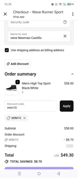 mim10 coupon verification screenshot