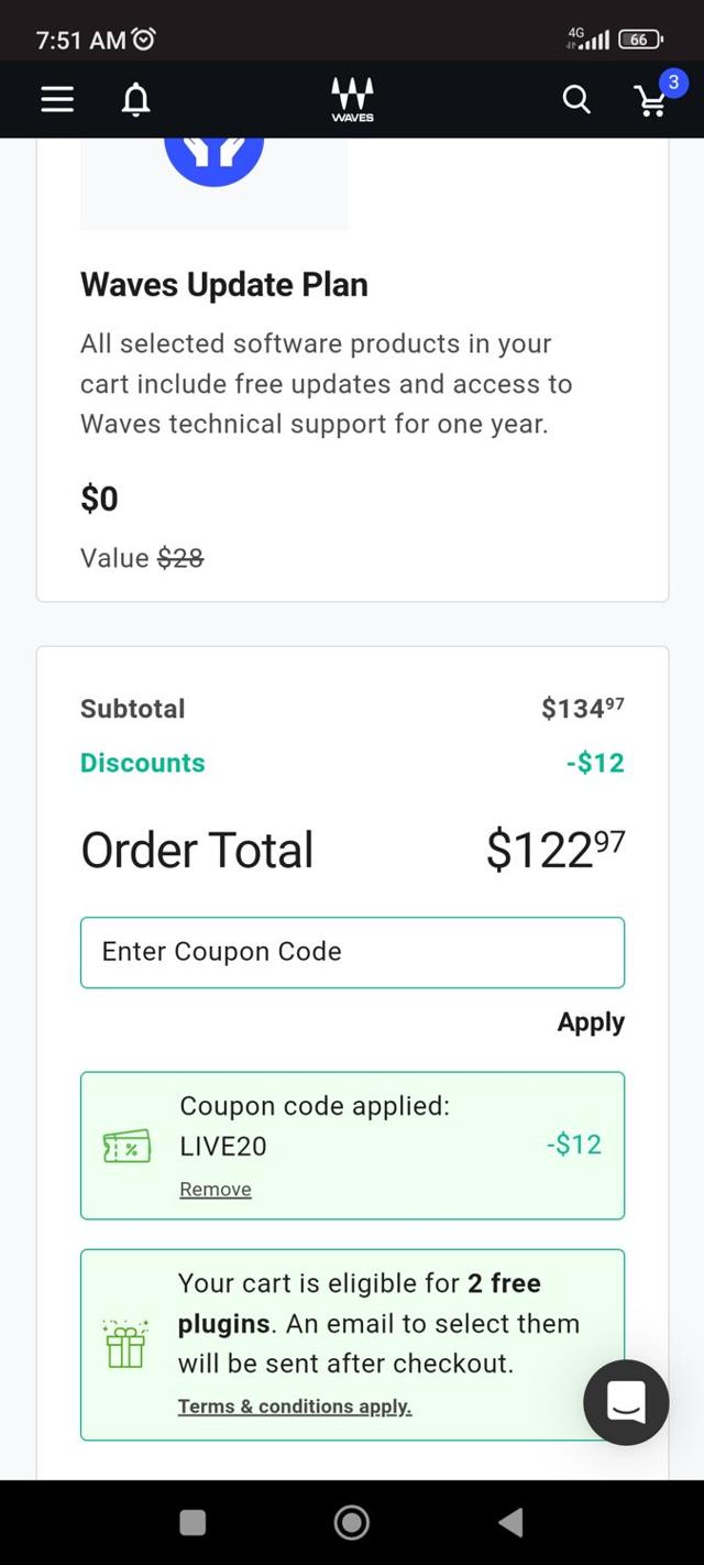 Waves Audio checkout page showing Waves Audio coupon code box | Screenshot taken by SimplyCodes community member on Aug 29, 2025