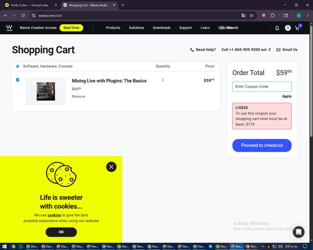 Waves Audio checkout page showing Waves Audio coupon code box | Screenshot taken by SimplyCodes community member on Sep 7, 2025