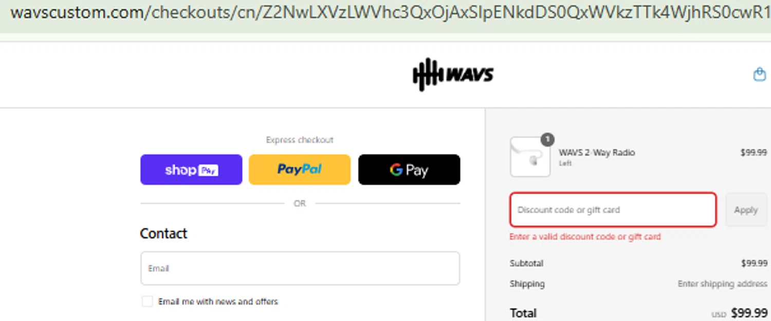 WAVS Custom promo code screenshot showing code WA50BENA applied at WAVS Custom checkout page. Uploaded by SimplyCodes community member CashMaestro9337 on Jul 5, 2025