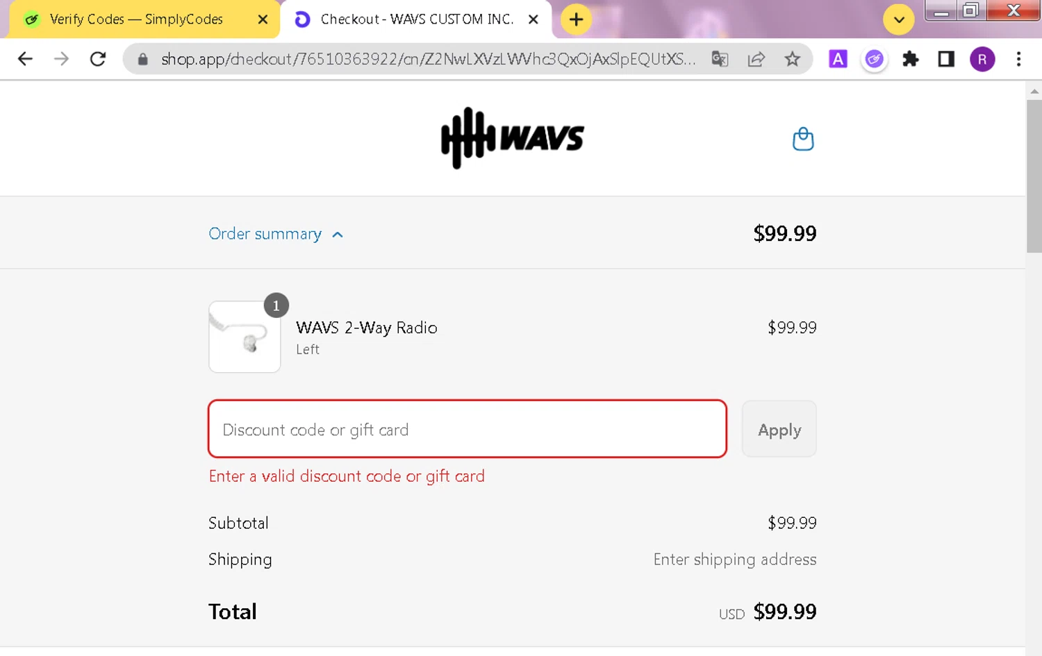WAVS Custom promo code screenshot showing code WA50BENA applied at WAVS Custom checkout page. Uploaded by SimplyCodes community member ValueMonarch6009 on Jul 5, 2025