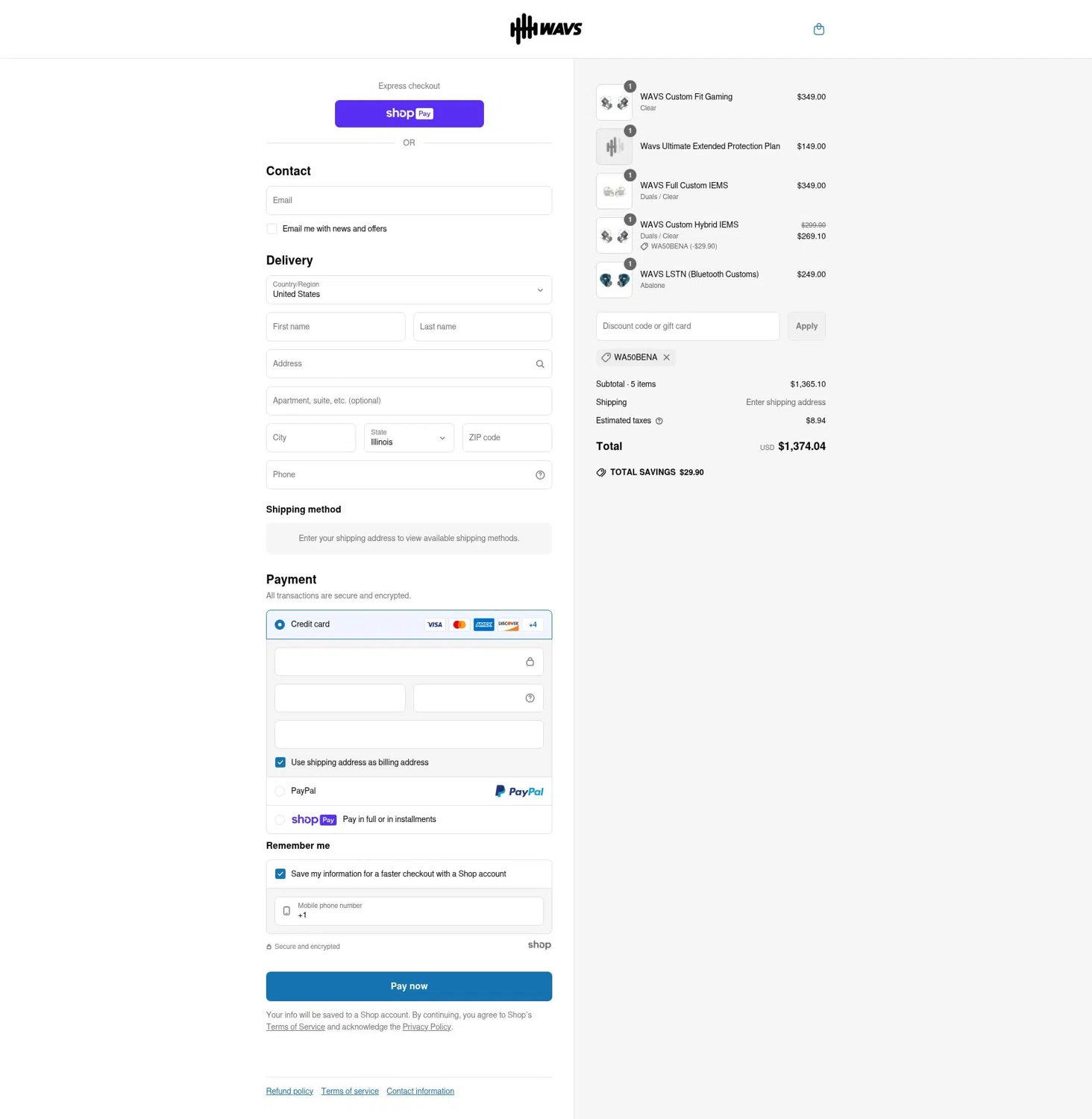 WAVS Custom promo code screenshot showing code WA50BENA applied at WAVS Custom checkout page. Uploaded by SimplyCodes community member elmono on Jul 2, 2025