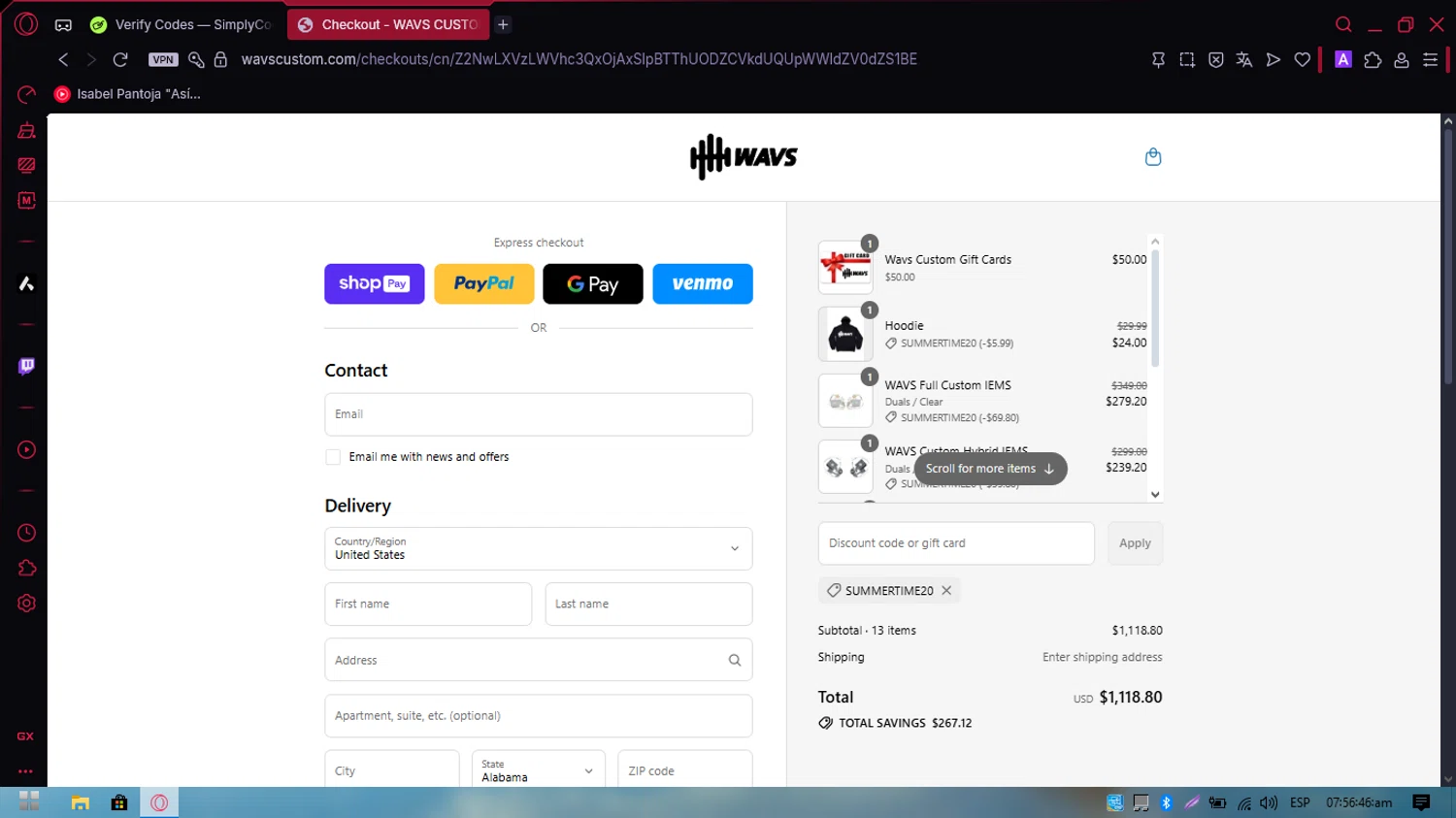 WAVS Custom promo code screenshot showing code ISWKUFIUFPETER applied at WAVS Custom checkout page. Uploaded by SimplyCodes community member PennySpotter2417 on Jul 4, 2025