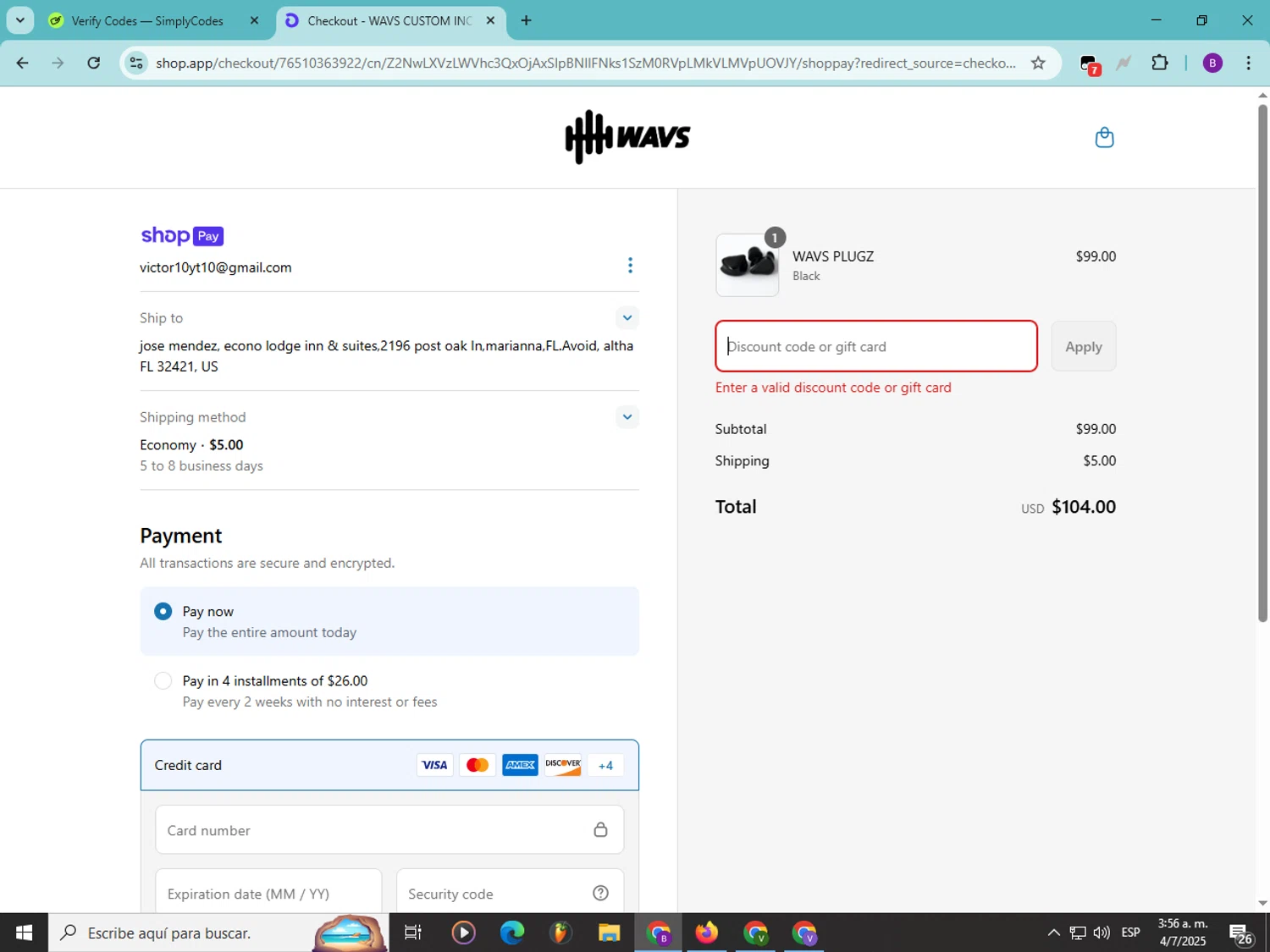 WAVS Custom promo code screenshot showing code ISWKUFIUFPETER applied at WAVS Custom checkout page. Uploaded by SimplyCodes community member Soyvictor on Jul 4, 2025