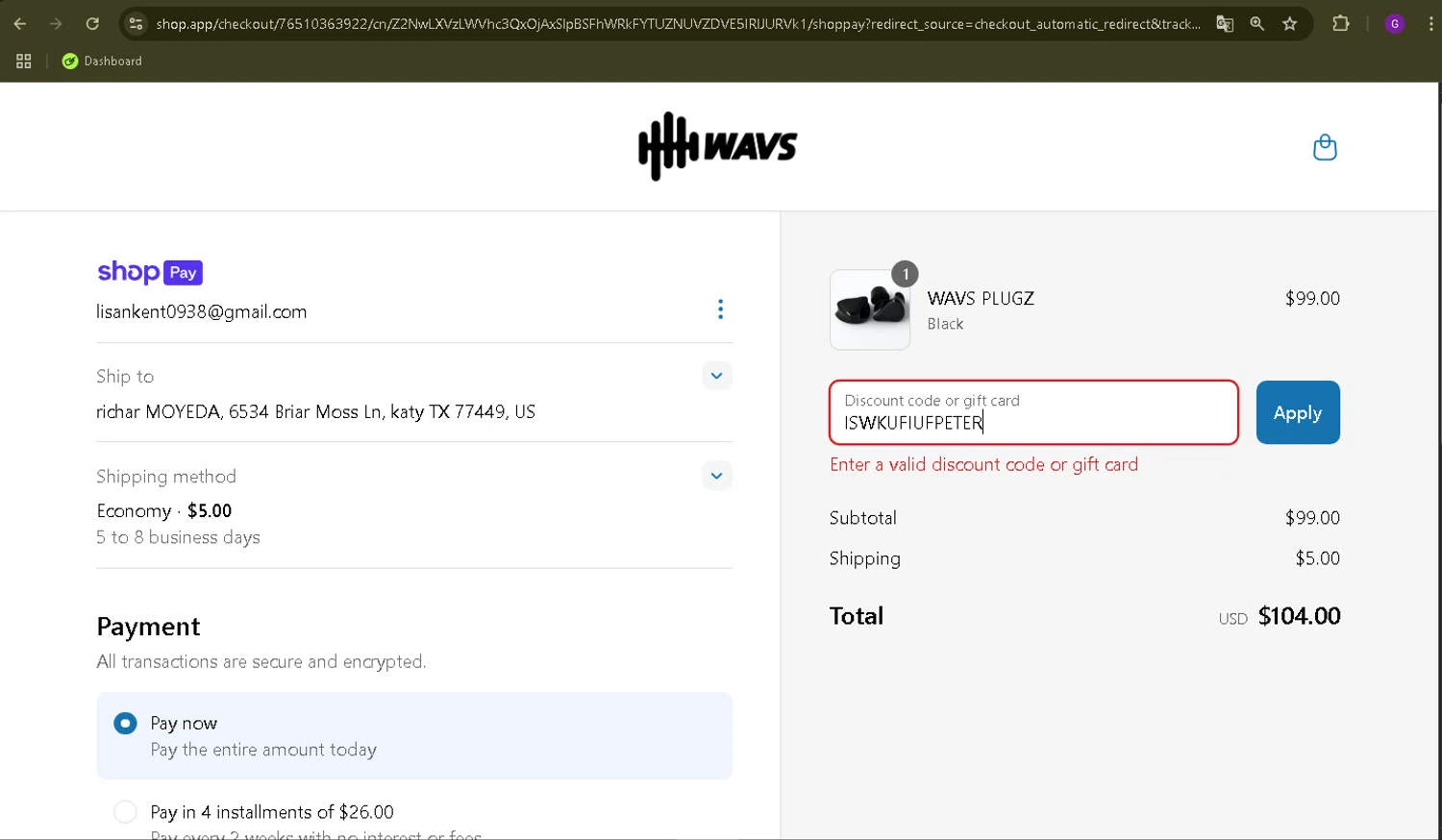 WAVS Custom promo code screenshot showing code ISWKUFIUFPETER applied at WAVS Custom checkout page. Uploaded by SimplyCodes community member WiseMaverick4603 on Jul 4, 2025