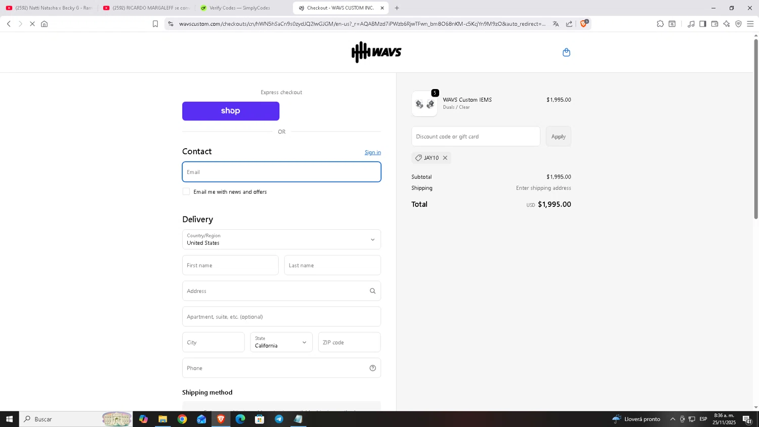 WAVS Custom promo code screenshot showing code JAY10 applied at WAVS Custom checkout page. Uploaded by SimplyCodes community member Carloscoder_900457733 on Nov 25, 2025