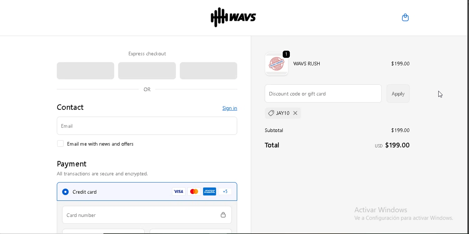 WAVS Custom checkout page showing WAVS Custom promo code box | Screenshot taken by SimplyCodes community member on Feb 10, 2026