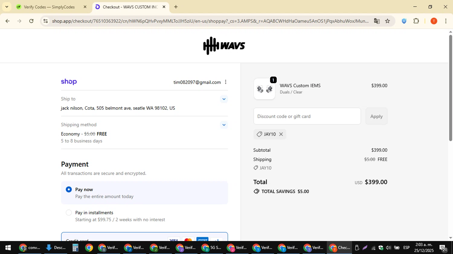 WAVS Custom promo code screenshot showing code JAY10 applied at WAVS Custom checkout page. Uploaded by SimplyCodes community member ShrewdAce8338 on Dec 25, 2025