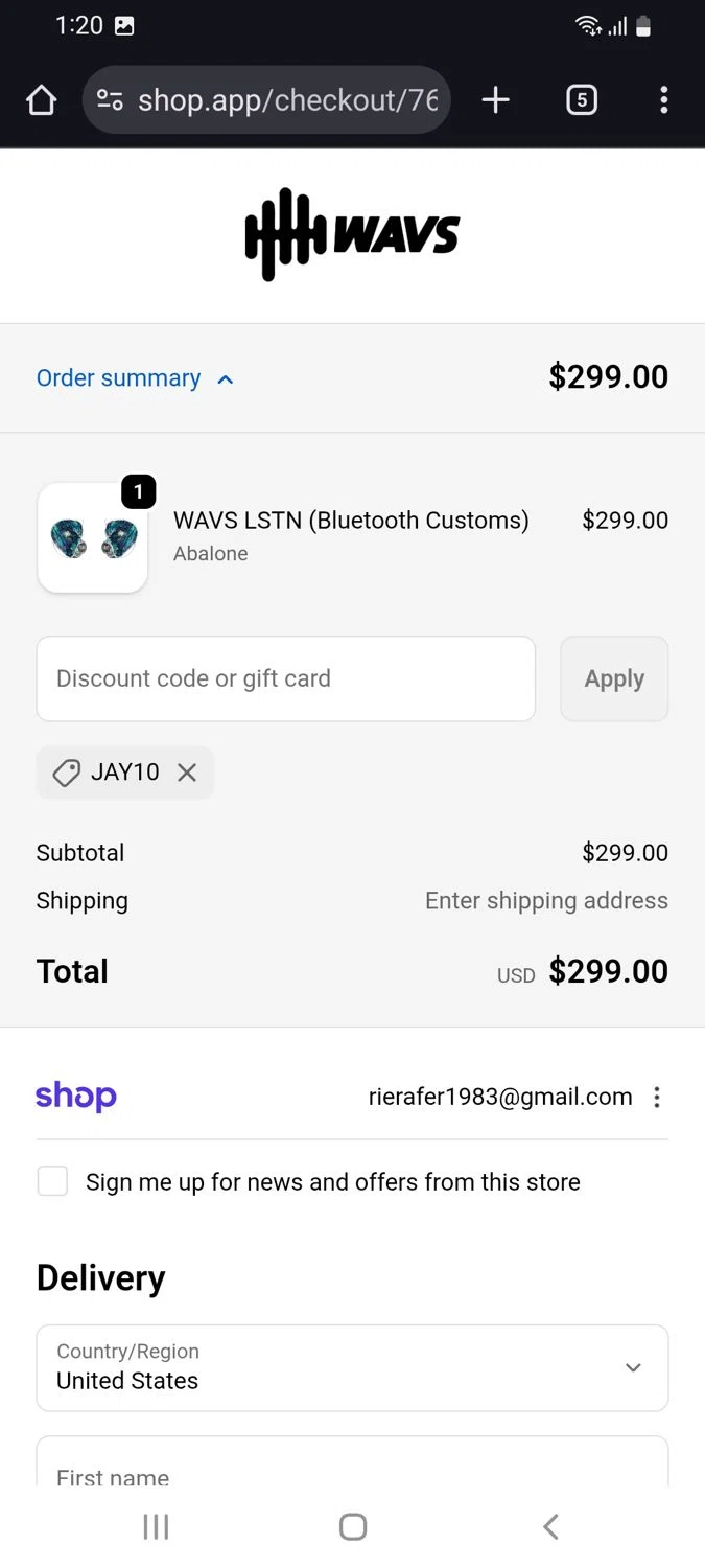 WAVS Custom promo code screenshot showing code JAY10 applied at WAVS Custom checkout page. Uploaded by SimplyCodes community member tulioriera on Dec 25, 2025