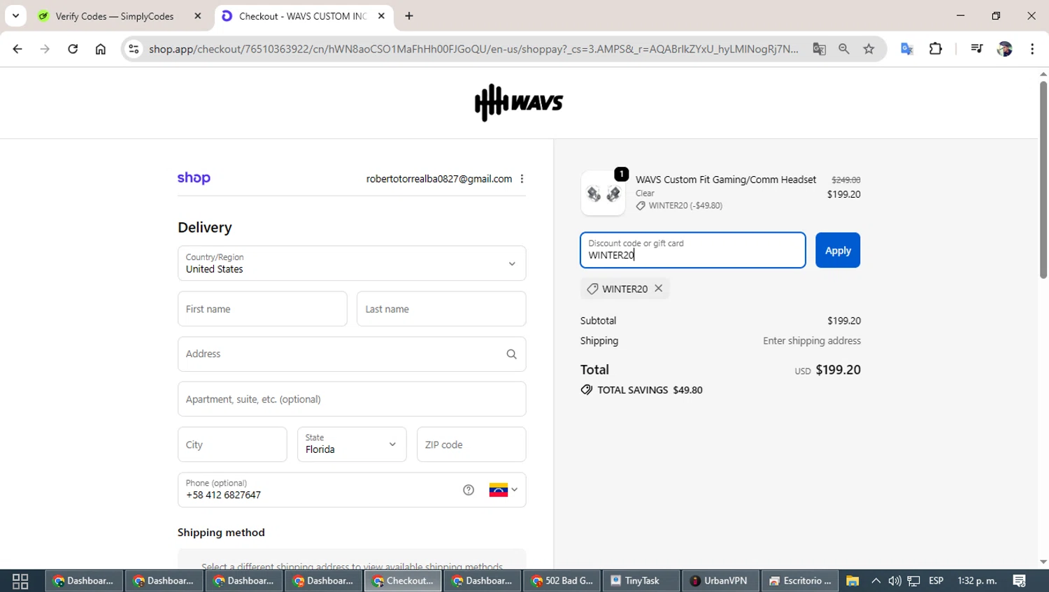 WAVS Custom checkout page showing WAVS Custom promo code box | Screenshot taken by SimplyCodes community member on Feb 9, 2026