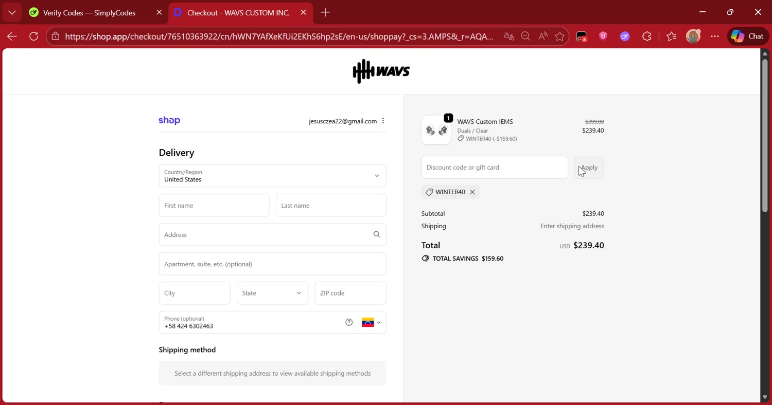 WAVS Custom promo code screenshot showing code winter40 applied at WAVS Custom checkout page. Uploaded by SimplyCodes community member DiscountScout1417 on Jan 13, 2026