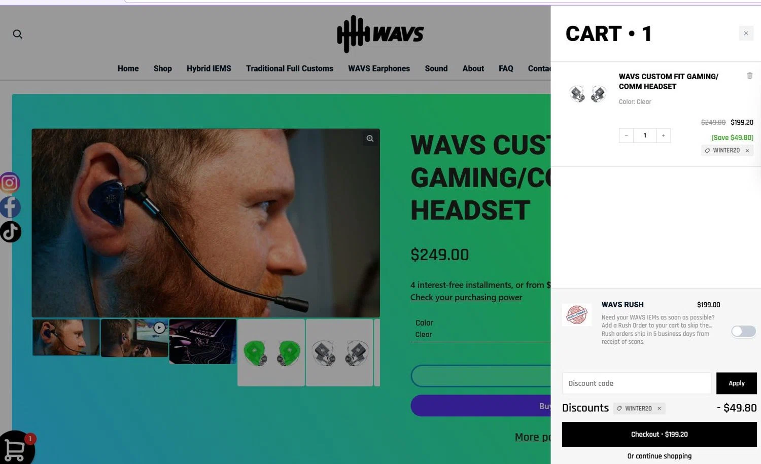 WAVS Custom promo code screenshot showing code WINTER20 applied at WAVS Custom checkout page. Uploaded by SimplyCodes community member stygian1 on Dec 10, 2025