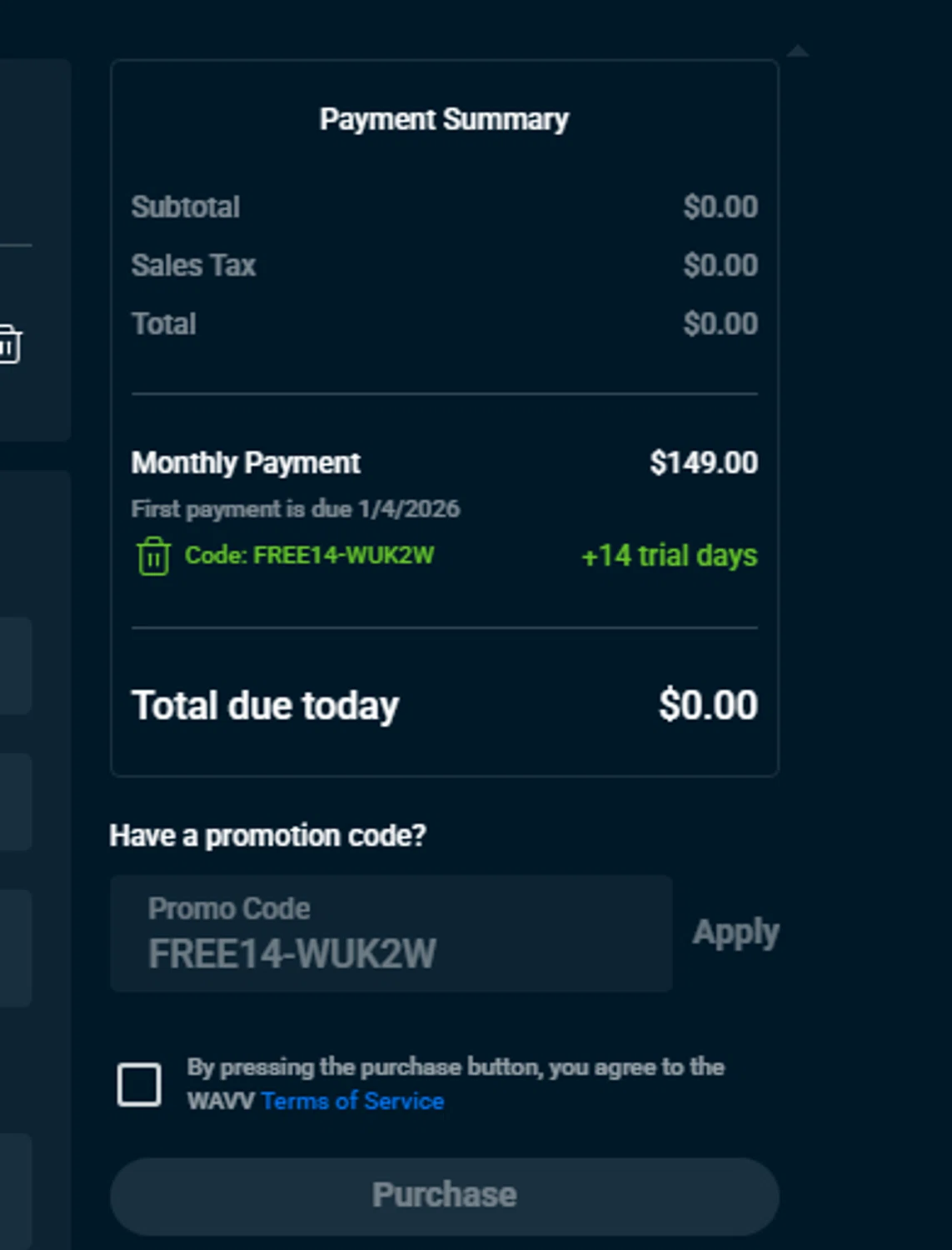 WAVV promo code screenshot showing code FREE14-WUK2W applied at WAVV checkout page. Uploaded by SimplyCodes community member mariosemeco on Dec 21, 2025