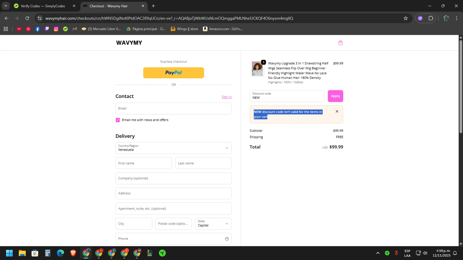 Wavymy Hair promo code screenshot showing code NEW applied at Wavymy Hair checkout page. Uploaded by SimplyCodes community member RoyalAdmiral1682 on Nov 12, 2025