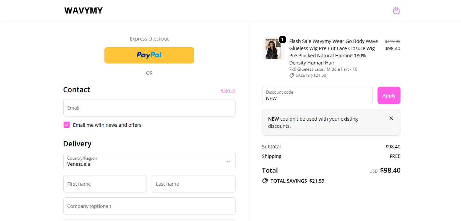 Wavymy Hair promo code screenshot showing code NEW applied at Wavymy Hair checkout page. Uploaded by SimplyCodes community member xHRxUltrax on Oct 25, 2025