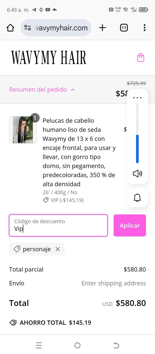 Wavymy Hair promo code screenshot showing code Vip applied at Wavymy Hair checkout page. Uploaded by SimplyCodes community member RoyalHunter8233 on Feb 28, 2025
