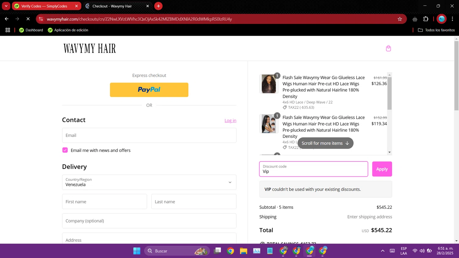 Wavymy Hair promo code screenshot showing code Vip applied at Wavymy Hair checkout page. Uploaded by SimplyCodes community member VoucherMaverick3143 on Feb 28, 2025