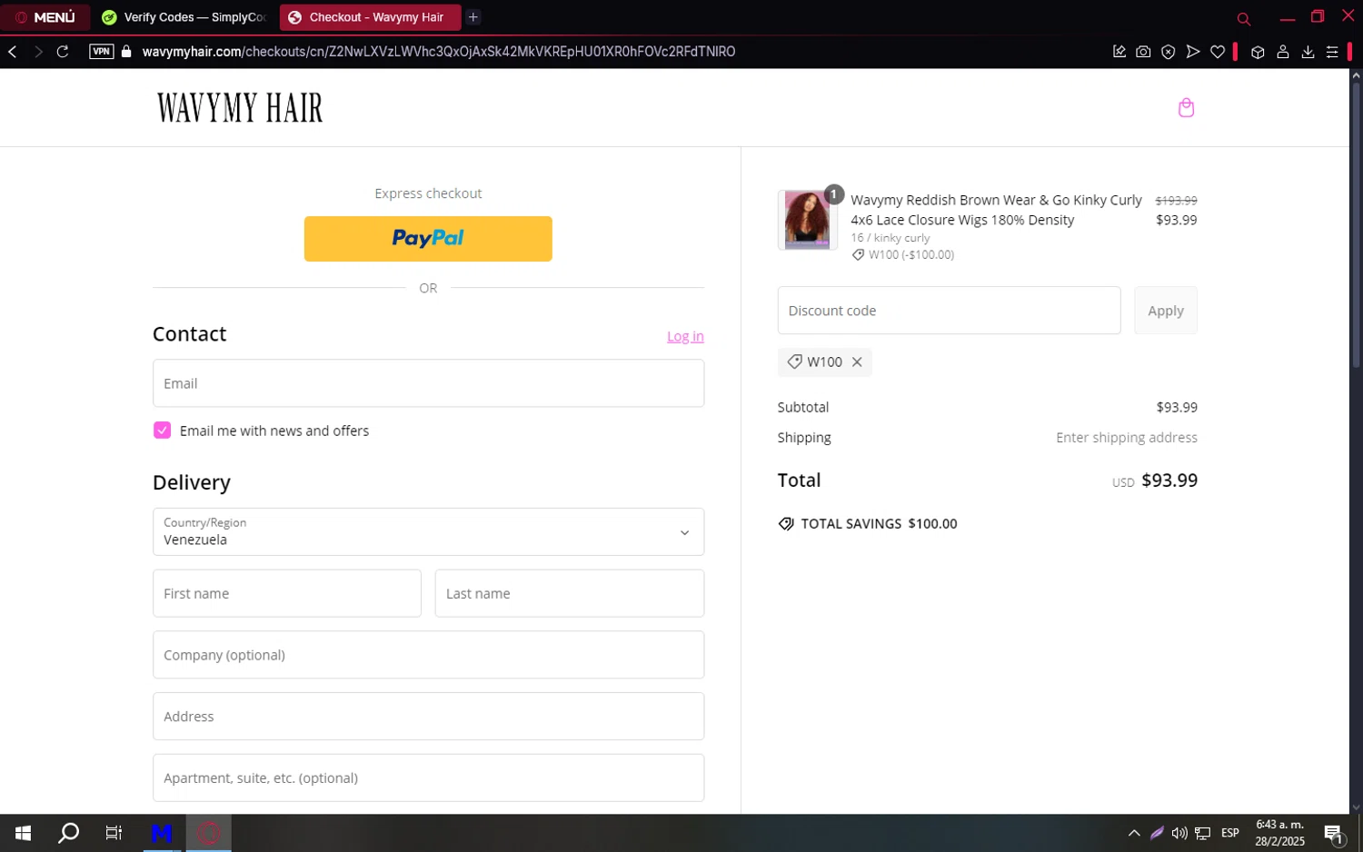 Wavymy Hair promo code screenshot showing code W100 applied at Wavymy Hair checkout page. Uploaded by SimplyCodes community member TreasureCaptain9598 on Feb 28, 2025