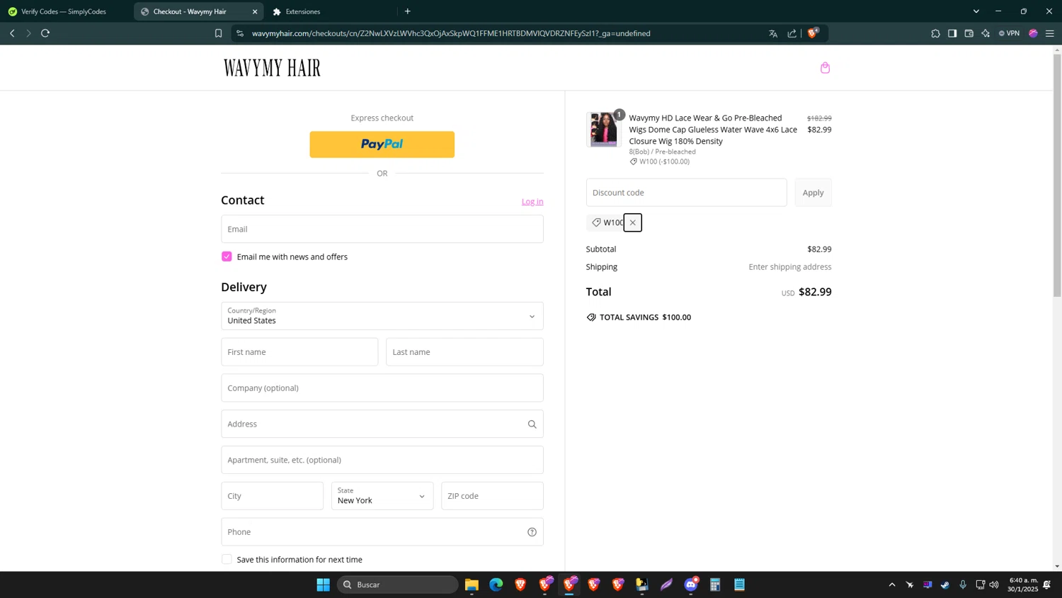 Wavymy Hair promo code screenshot showing code W100 applied at Wavymy Hair checkout page. Uploaded by SimplyCodes community member NortTiger on Jan 30, 2025