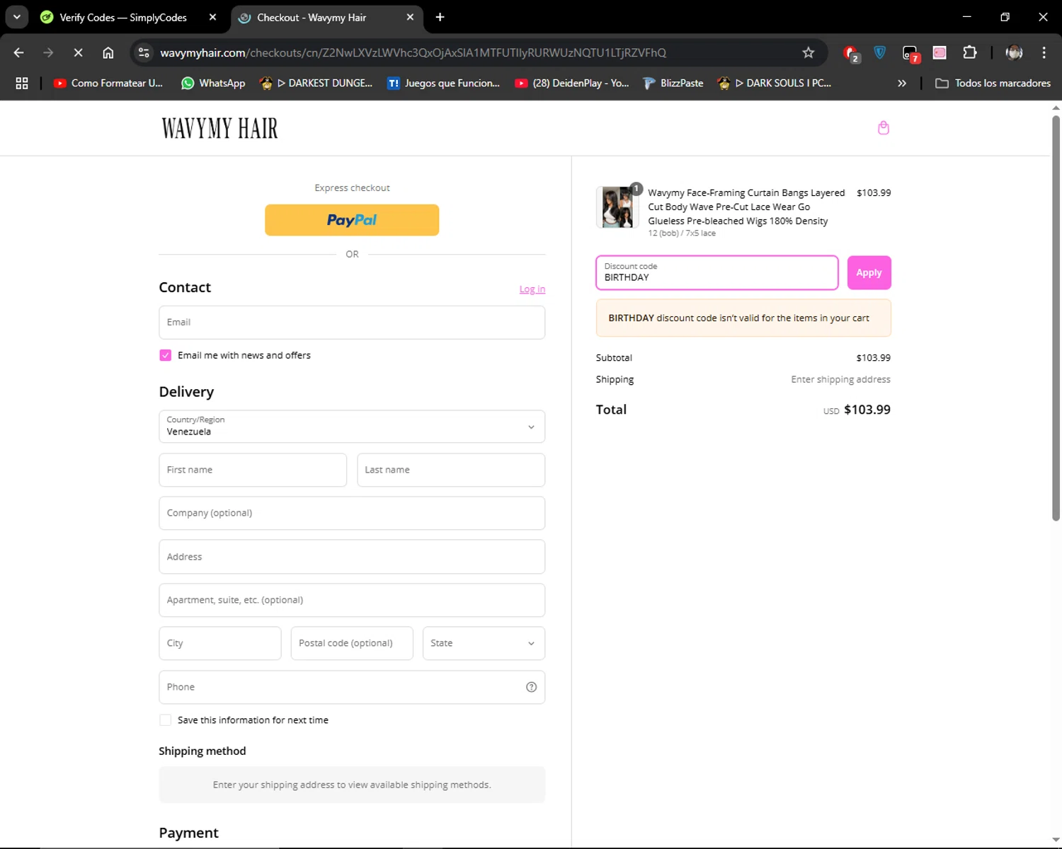 Wavymy Hair promo code screenshot showing code BIRTHDAY applied at Wavymy Hair checkout page. Uploaded by SimplyCodes community member MiauMiau on Mar 12, 2025