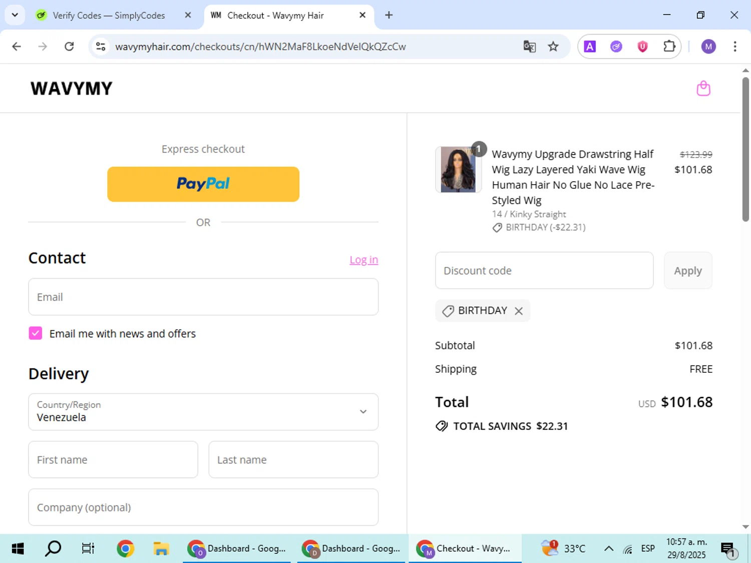 Wavymy Hair promo code screenshot showing code BIRTHDAY applied at Wavymy Hair checkout page. Uploaded by SimplyCodes community member VoucherScout6115 on Aug 29, 2025
