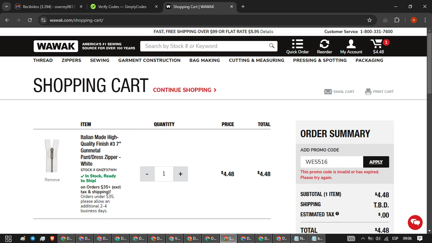 Wawak Sewing promo code screenshot showing code WES516 applied at Wawak Sewing checkout page. Uploaded by SimplyCodes community member WiseTracker2171 on Jan 25, 2025