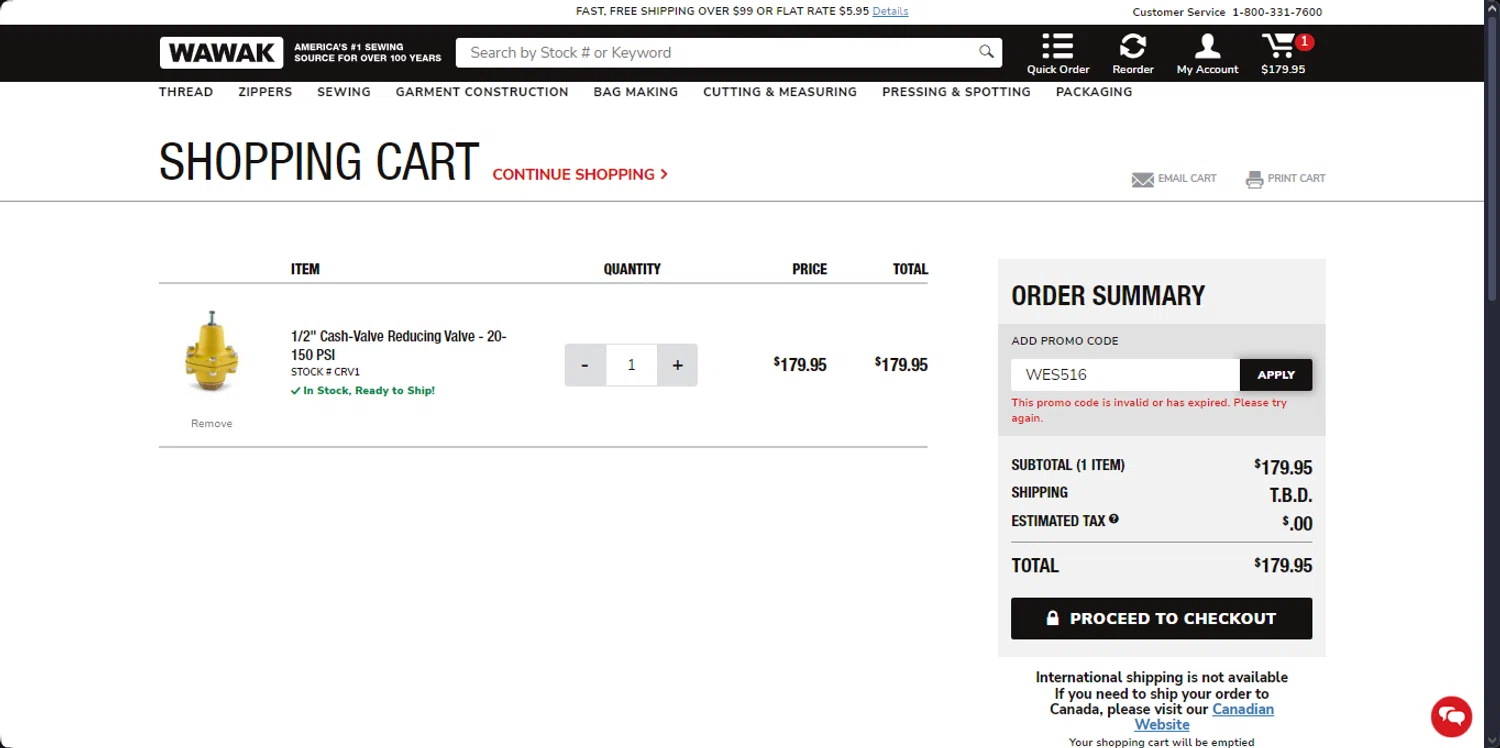 Wawak Sewing promo code screenshot showing code WES516 applied at Wawak Sewing checkout page. Uploaded by SimplyCodes community member the_loose_cannon on Feb 16, 2025