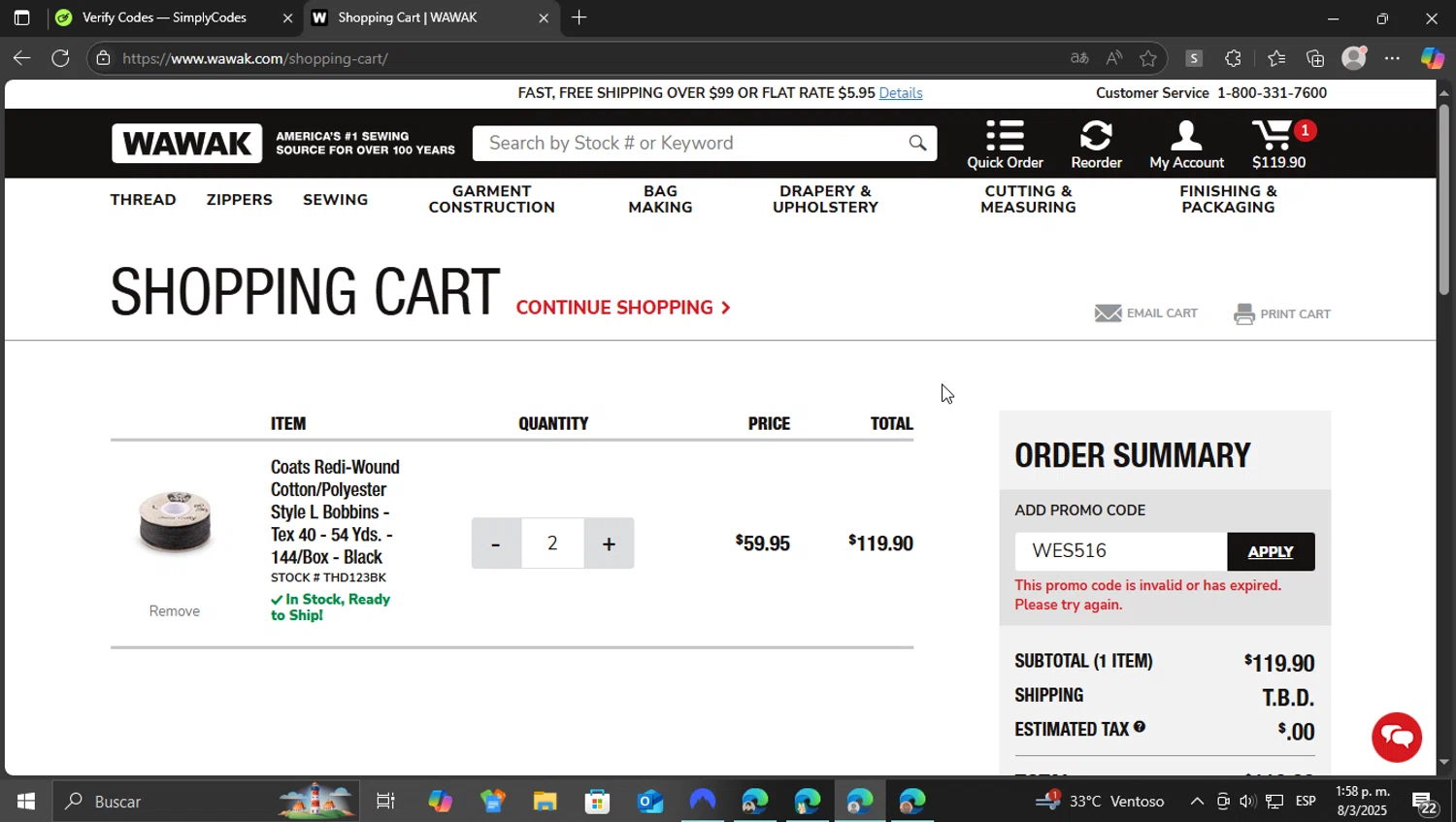 Wawak Sewing promo code screenshot showing code WES516 applied at Wawak Sewing checkout page. Uploaded by SimplyCodes community member vasijadeaceite on Mar 8, 2025