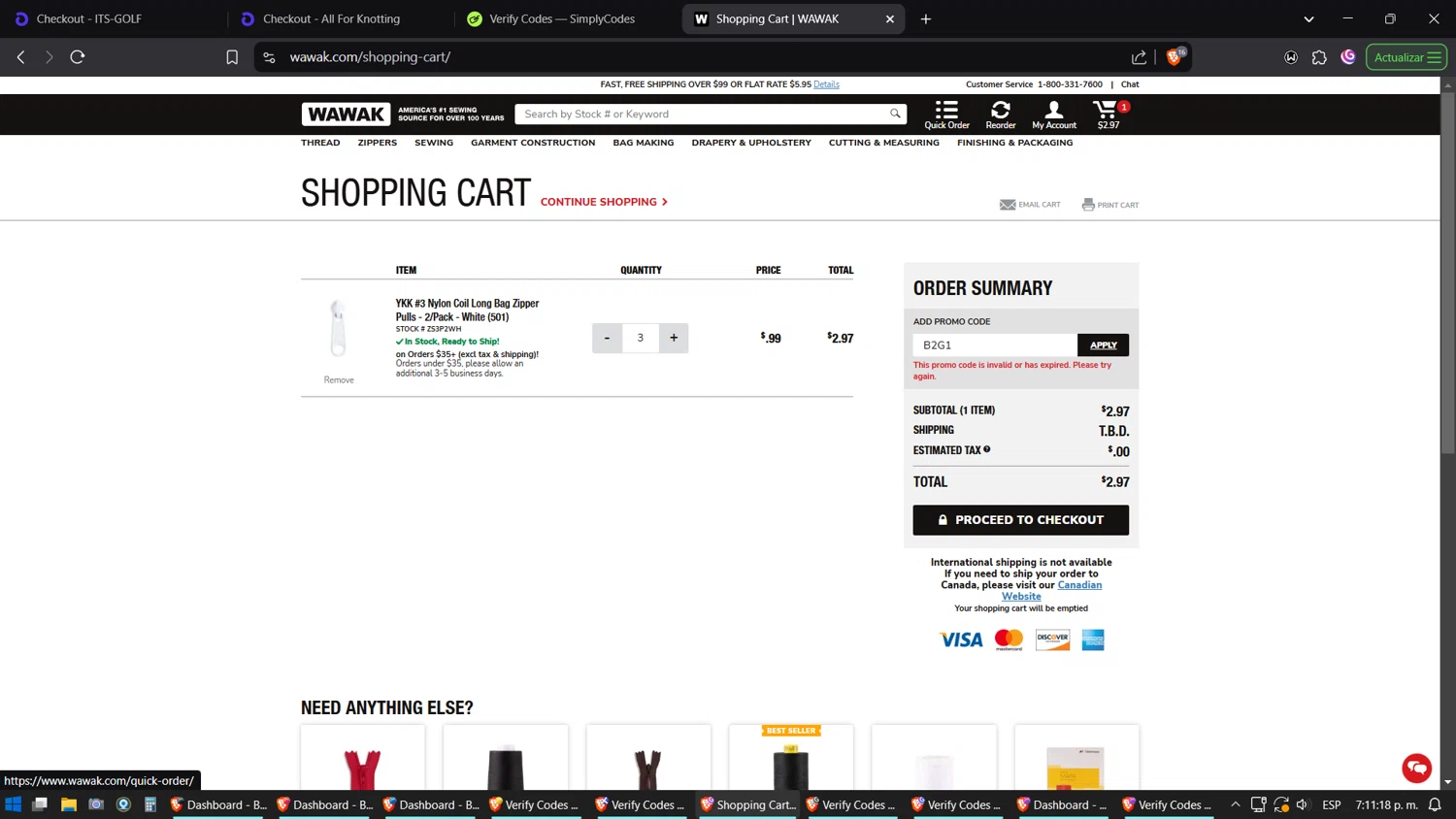 Wawak Sewing promo code screenshot showing code B2G1 applied at Wawak Sewing checkout page. Uploaded by SimplyCodes community member Phoenix on Mar 7, 2025