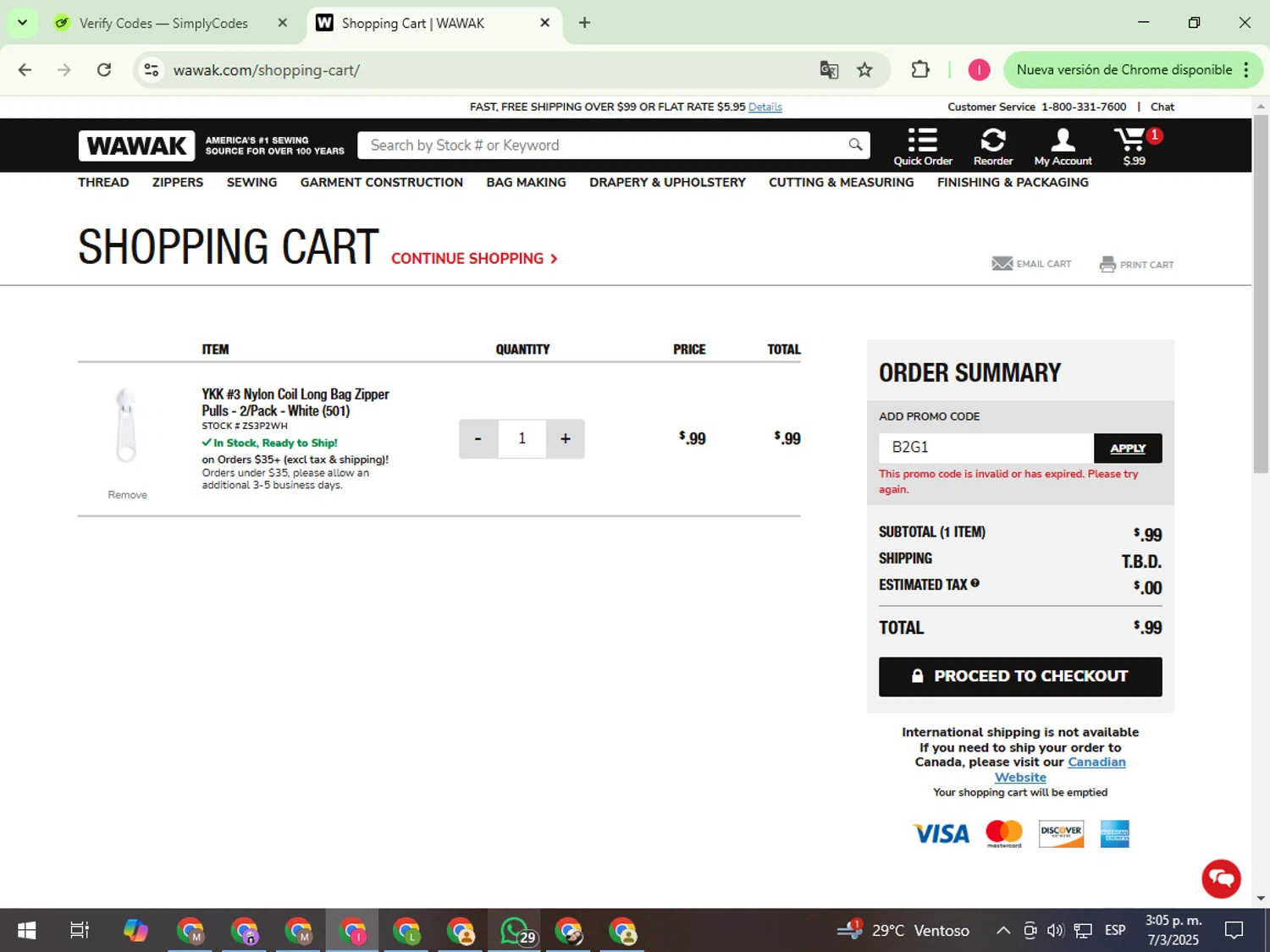 Wawak Sewing promo code screenshot showing code B2G1 applied at Wawak Sewing checkout page. Uploaded by SimplyCodes community member FortunateExpert1626 on Mar 7, 2025