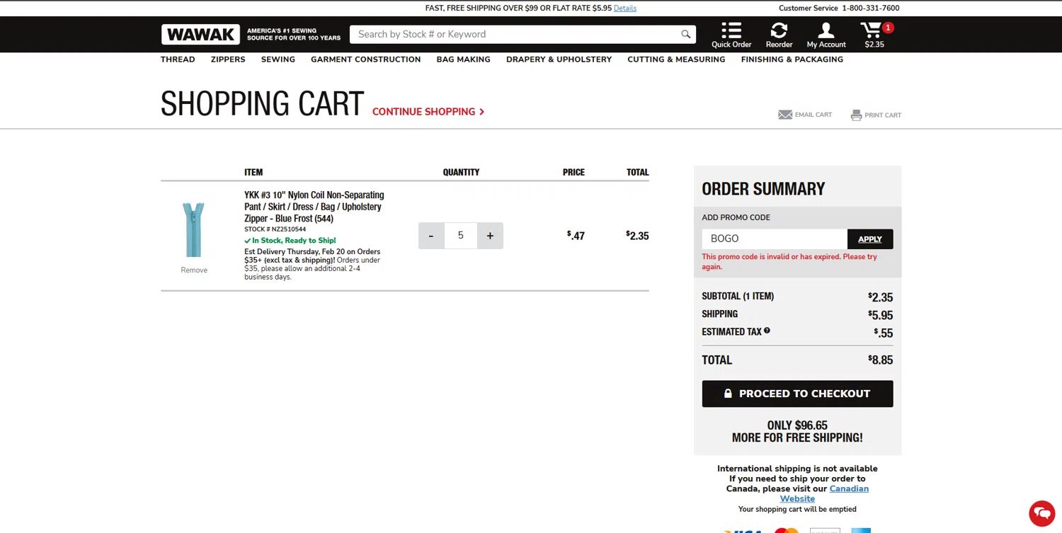 Wawak Sewing promo code screenshot showing code BOGO applied at Wawak Sewing checkout page. Uploaded by SimplyCodes community member BrilliantVoyager5752 on Feb 19, 2025