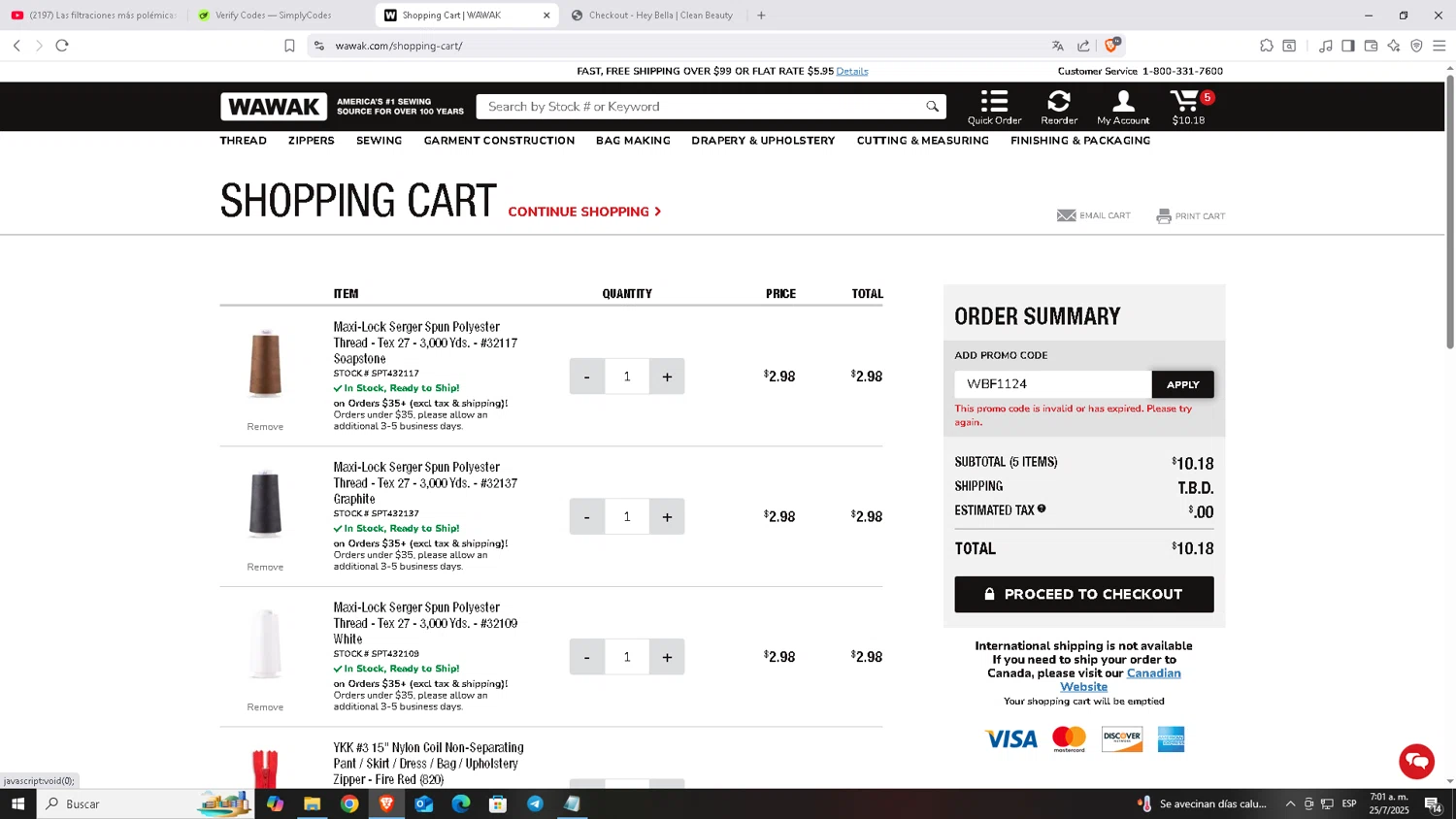 Wawak Sewing promo code screenshot showing code WBF1124 applied at Wawak Sewing checkout page. Uploaded by SimplyCodes community member Carloscoder_900457733 on Jul 25, 2025