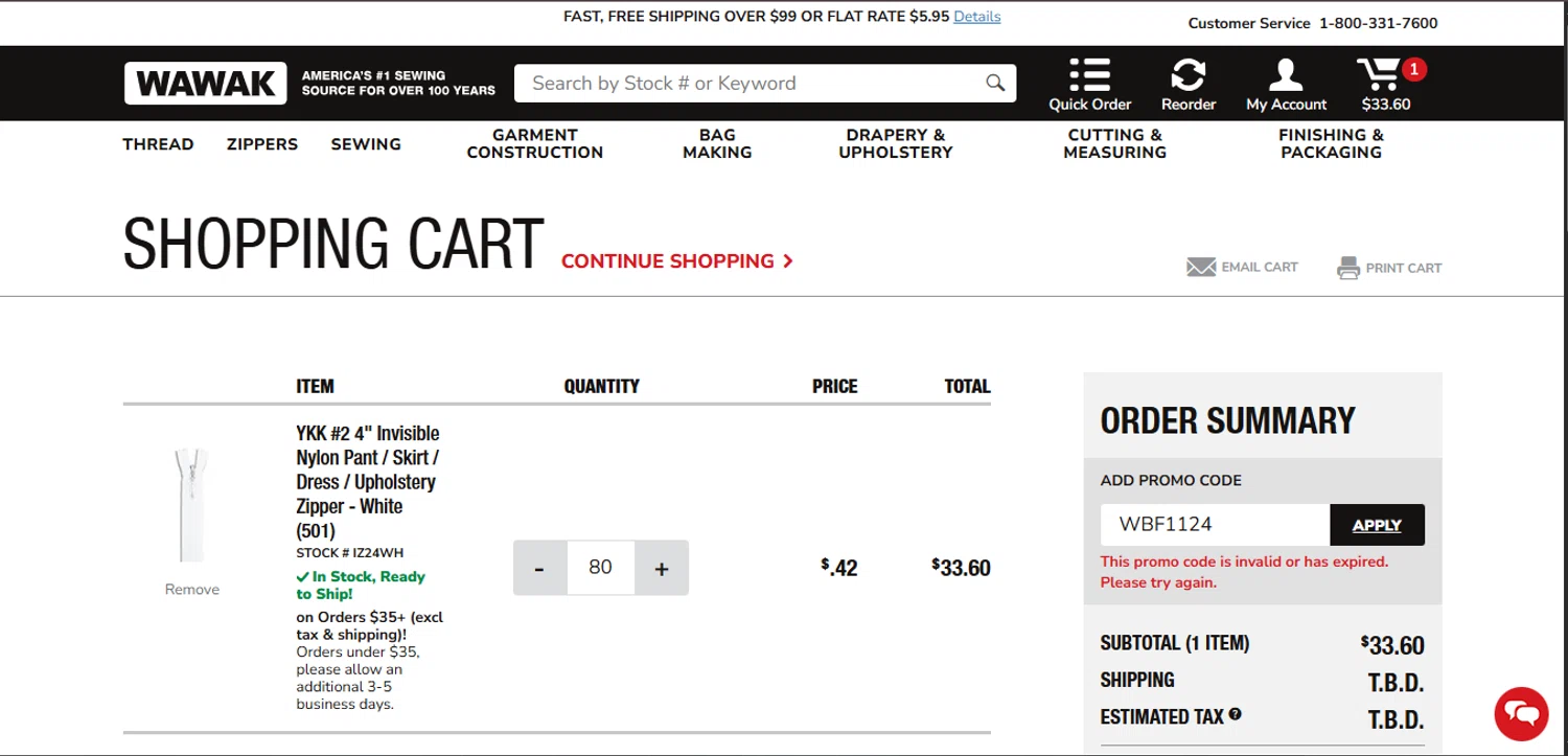 Wawak Sewing promo code screenshot showing code WBF1124 applied at Wawak Sewing checkout page. Uploaded by SimplyCodes community member CodeExpert7814 on Jul 25, 2025